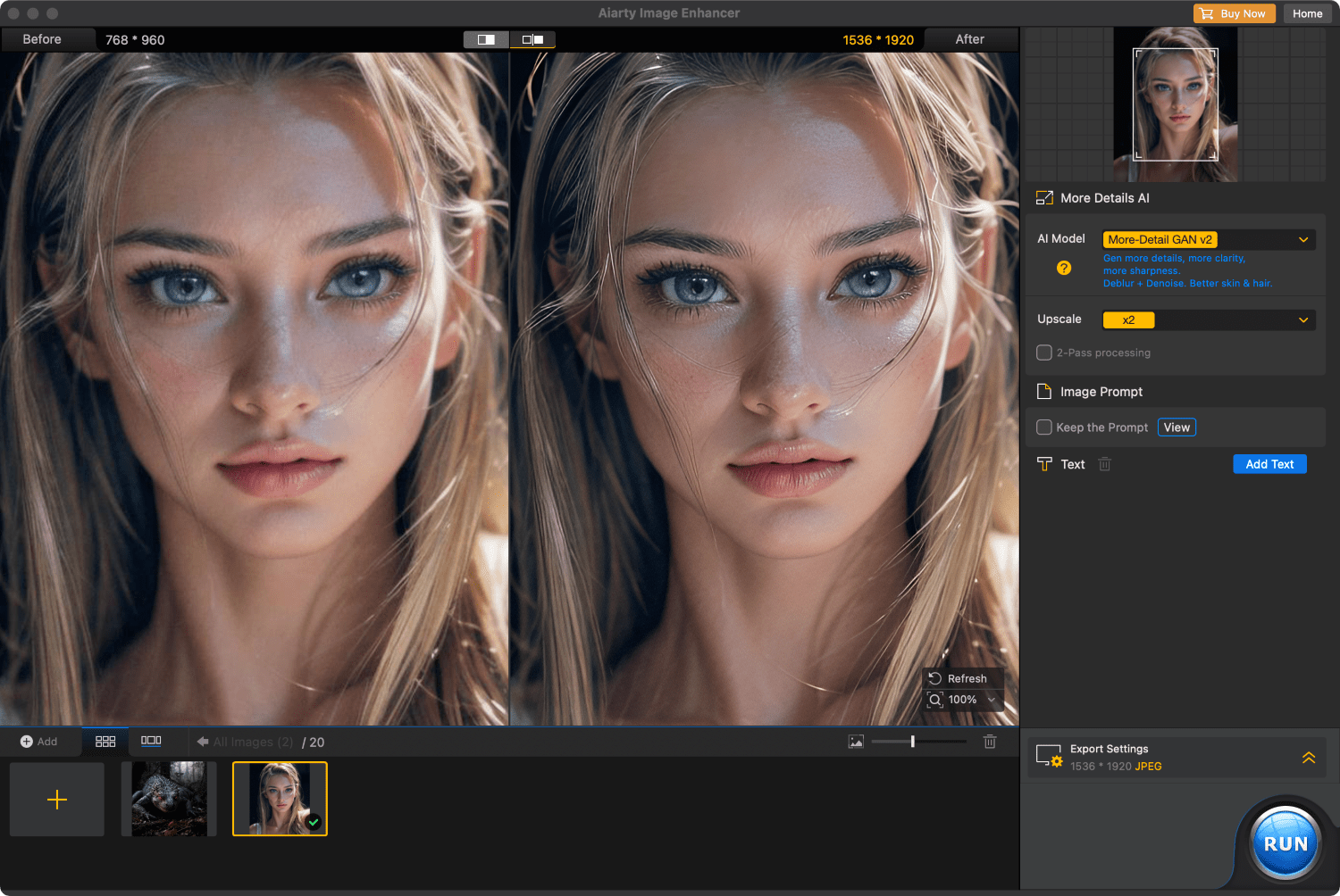 » Eye 4 Photography Aiarty before and after preview with the More-Detail GAN v2 AI model