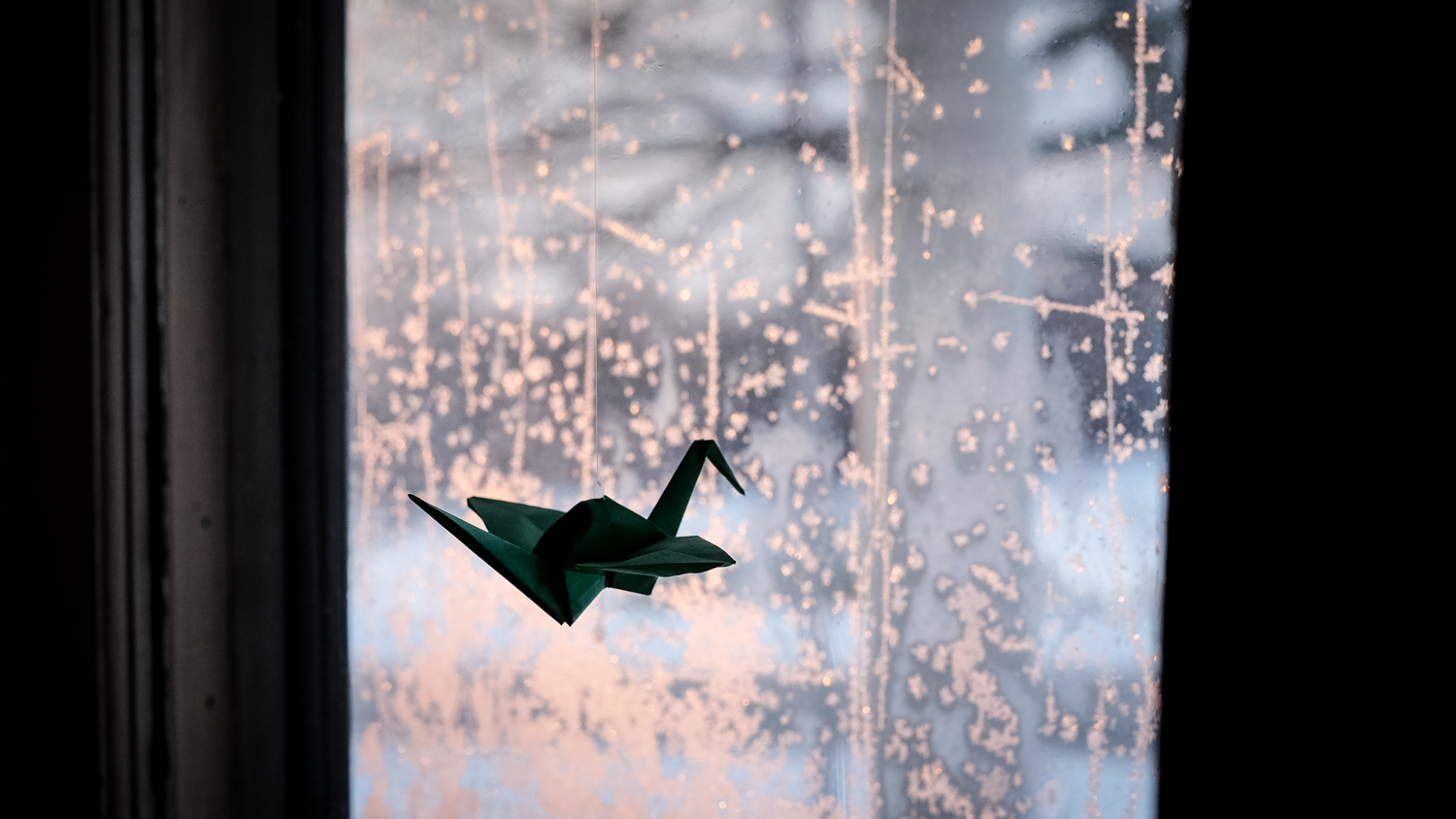 » Eye 4 Photography paper crane against a window at sunset